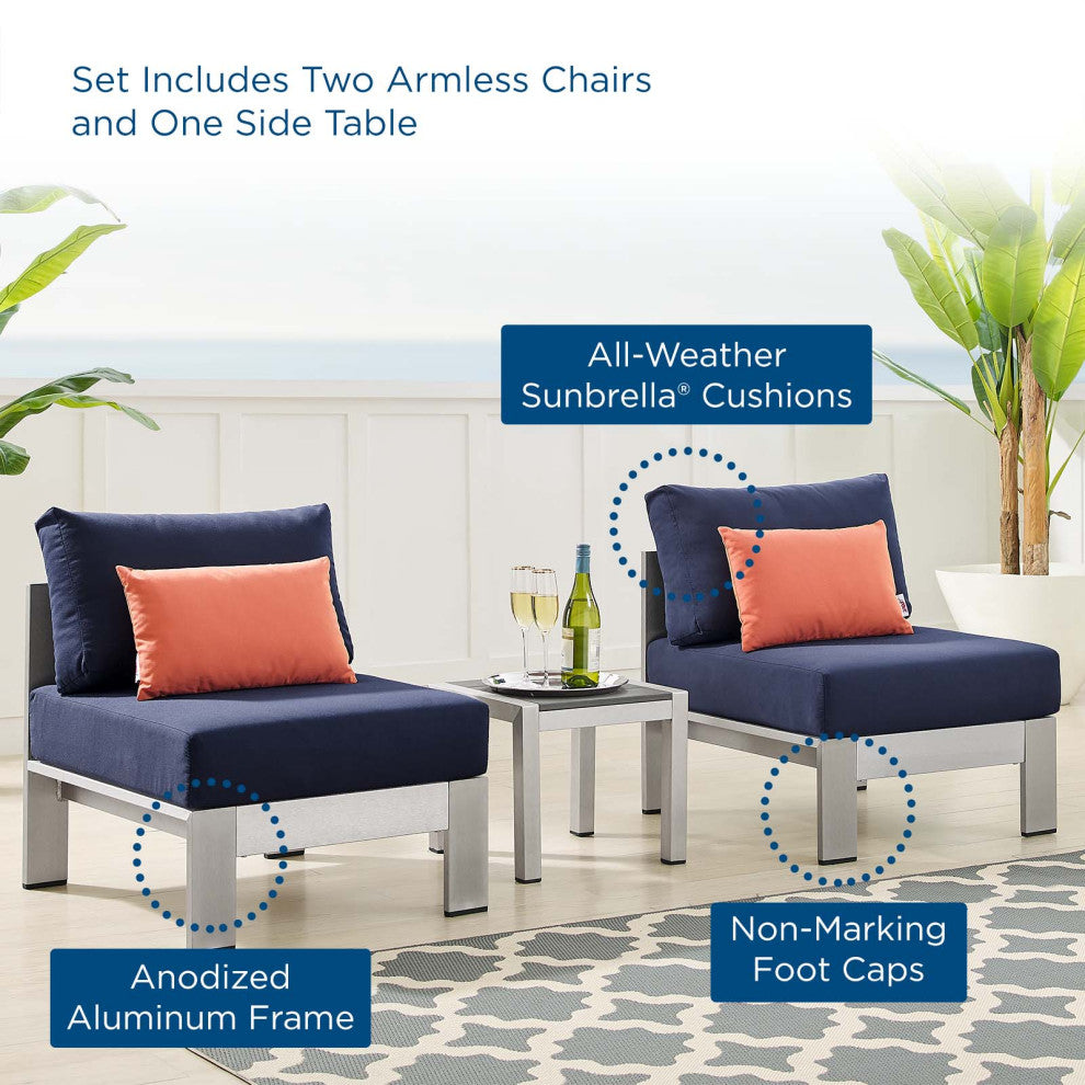 Lounge Chair Table Set, Sunbrella, Fabric, Aluminum, Silver Blue Navy, Outdoor