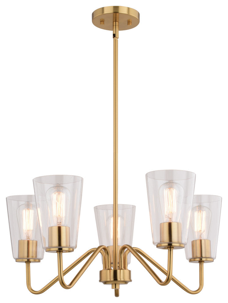 Beverly 5 Light Gold Muted Brass Chandelier Fixture Clear Glass Shade