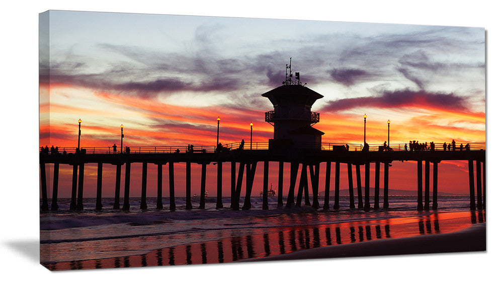 "Pier California At Sunset With Clouds" Seascape Art Canvas, 32"x16"