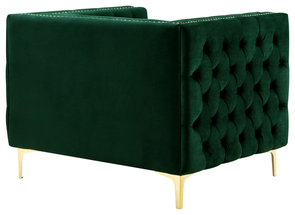 Jeannie Velvet 3-Seat Sofa Button Tufted With Metal Legs, Hunter Green