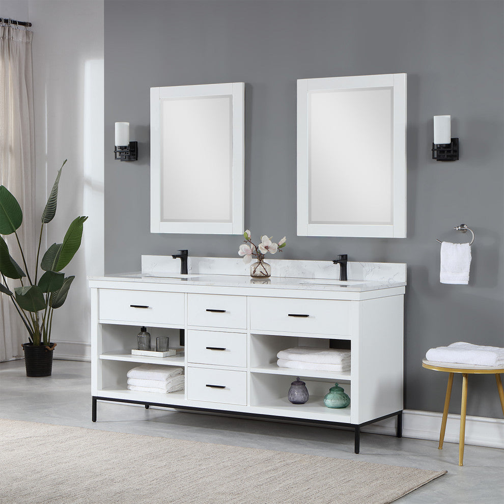 Kesia White Bathroom Vanity Set, 72", With Mirror