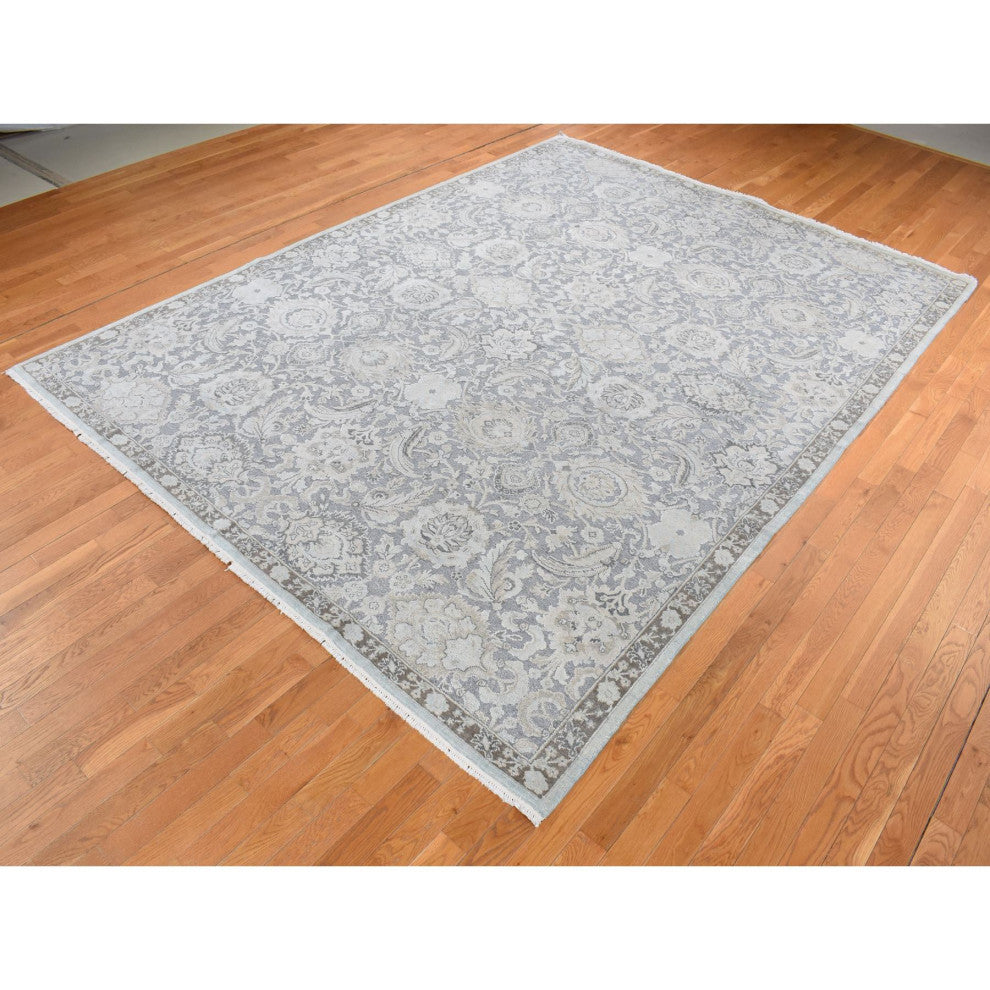 Charcoal Gray Oushak Design Hand Knotted Flat Weave With Silk Rug 9'1"x12'5"