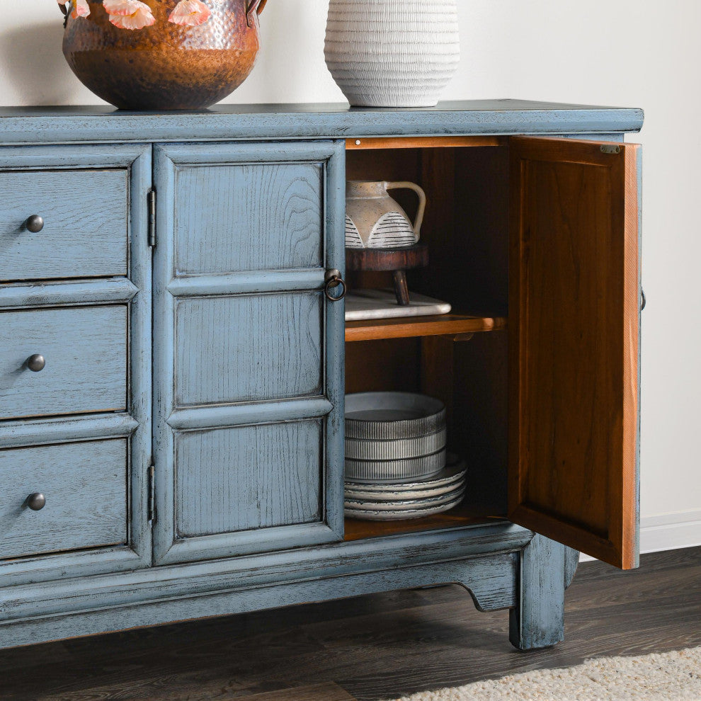 Crafton 4-Door Reclaimed Pine Wood Blue Sideboard Buffet