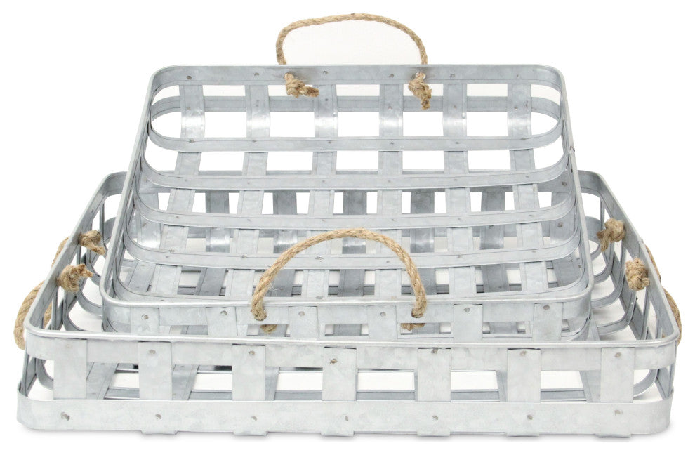 Set of 2 Galvanized Metal Tray With Rope Handles