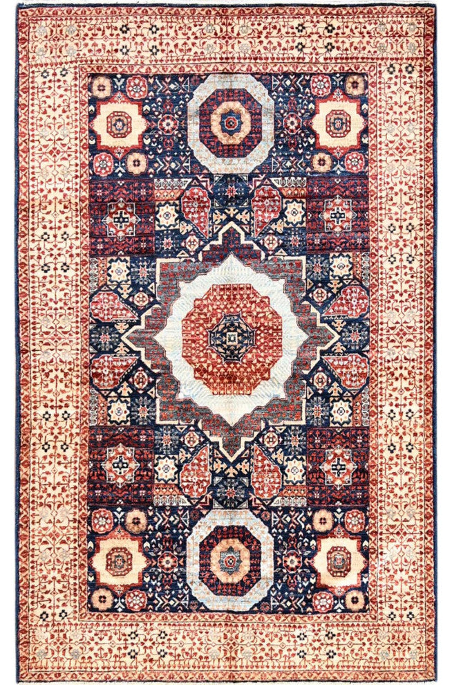 Blue, Hand Knotted, Mamluk Design, Pure Wool, Oriental Rug, 3'10"x6'3"