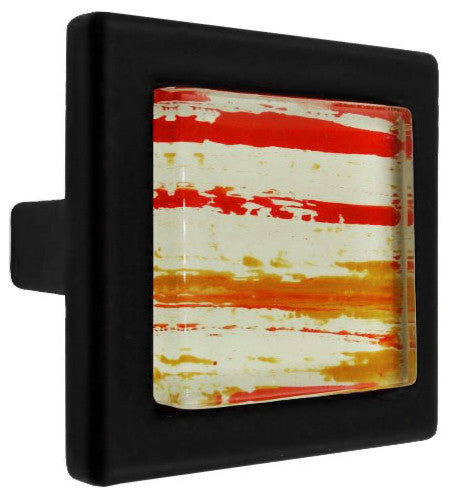 Hand Brushed Red Orange Streaks Crystal Glass Black Metal Square Manor Knob