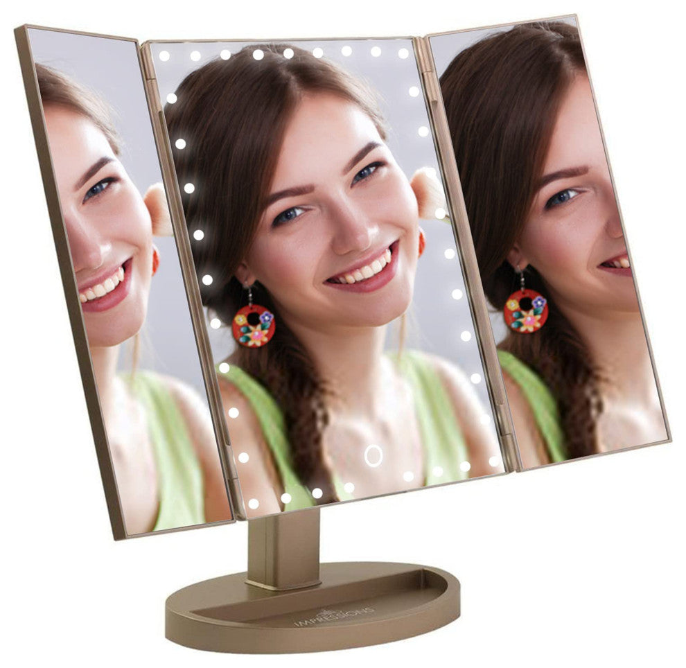 Touch Trifold XL Dimmable LED Makeup Mirror, Champagne Gold