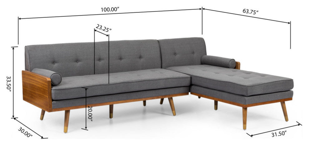 Haddie Fabric Chaise Sectional, Gray and Dark Walnut