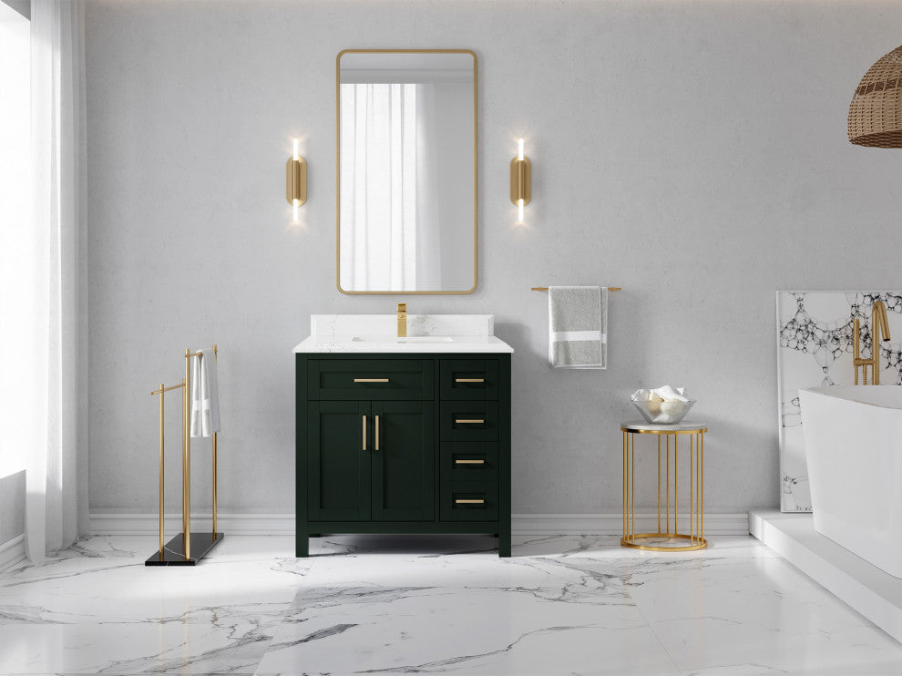 Cambridge 36 Center Sink Bath Vanity in Dark Forest Green 1.5" Empira Quartz
