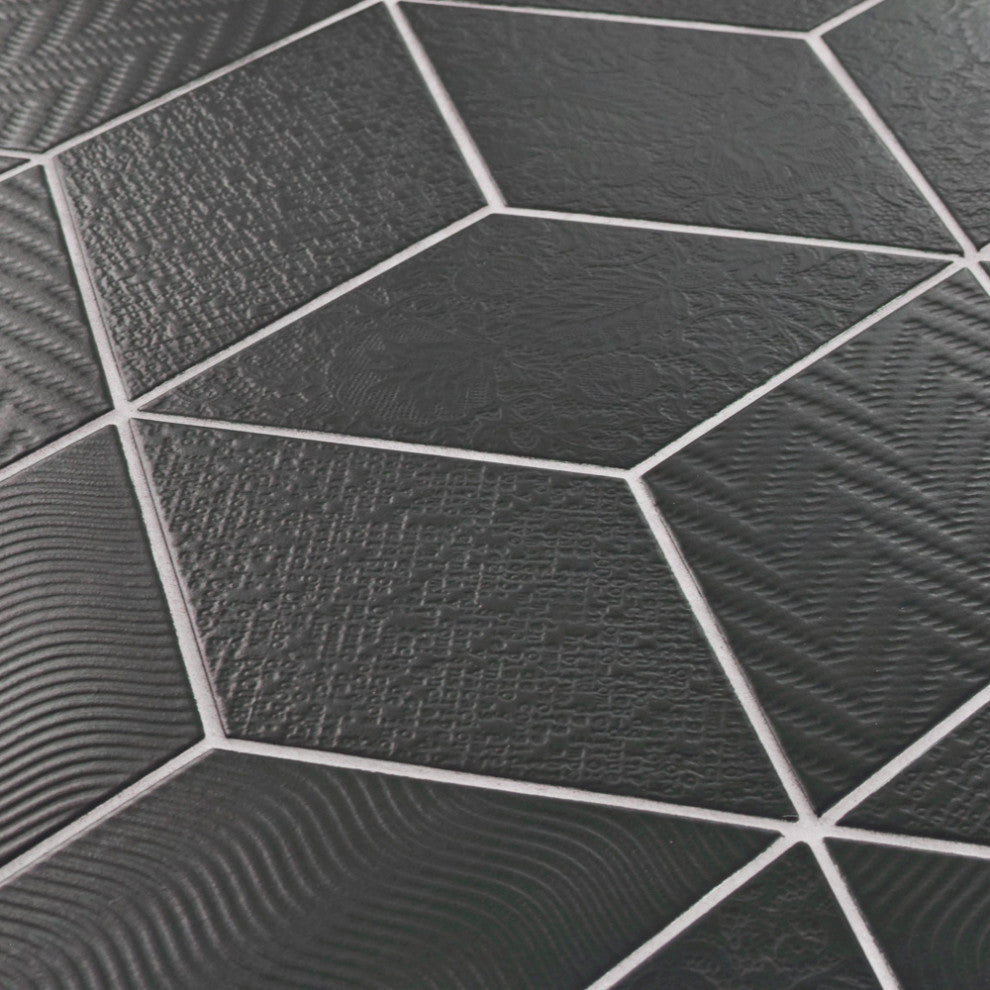 Rhombus Porcelain Floor and Wall Tile, Black, Sample