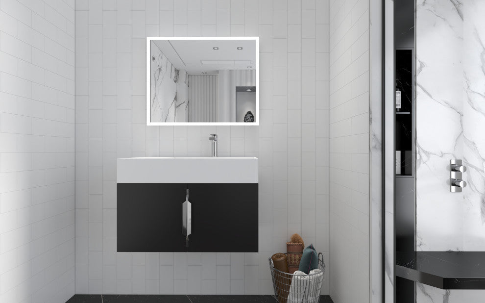 CastelloUSA Amazon 30" Right Wall Mounted Bathroom Vanity Set, Black, White Top, Brushed Nickel