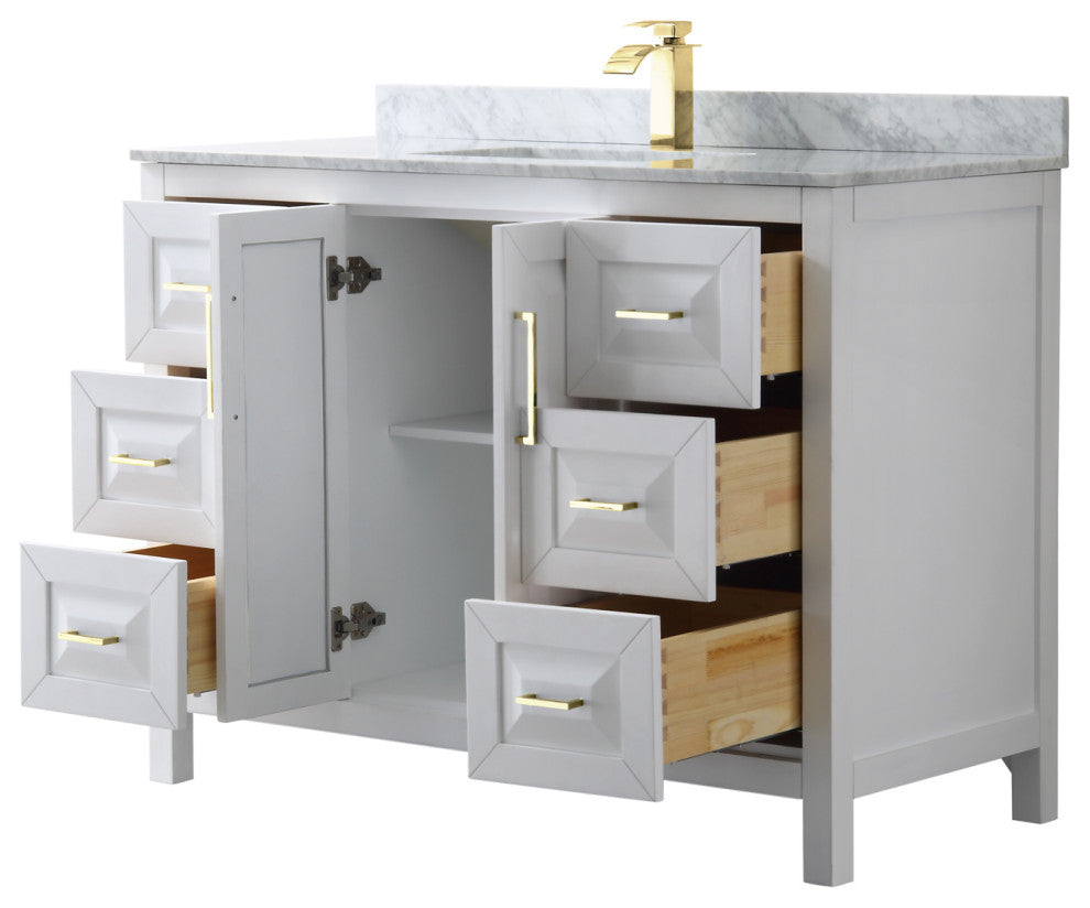 48" Single Bath Vanity, White, White Carrara Countertop, Sink, Gold Trim
