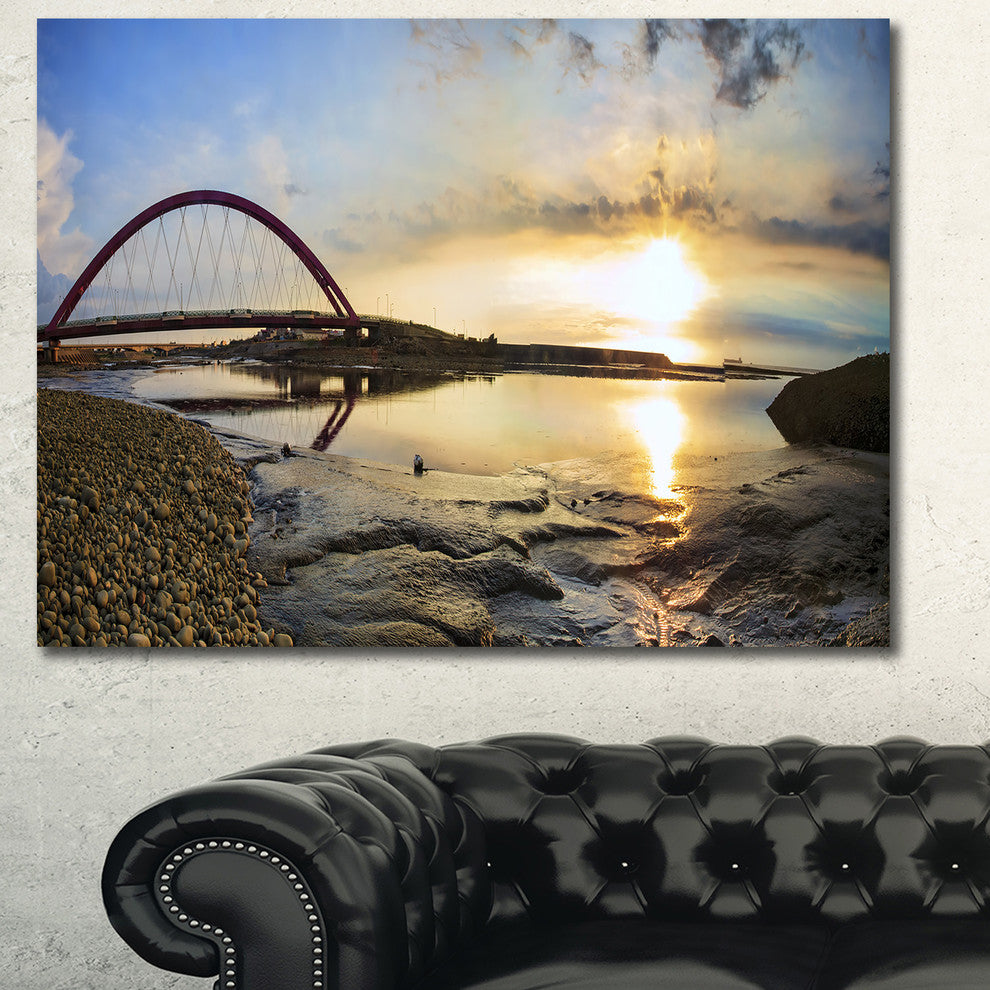 Bridge Sunset Panorama, Oversized Seashore Wall Art on Canvas, 60x40