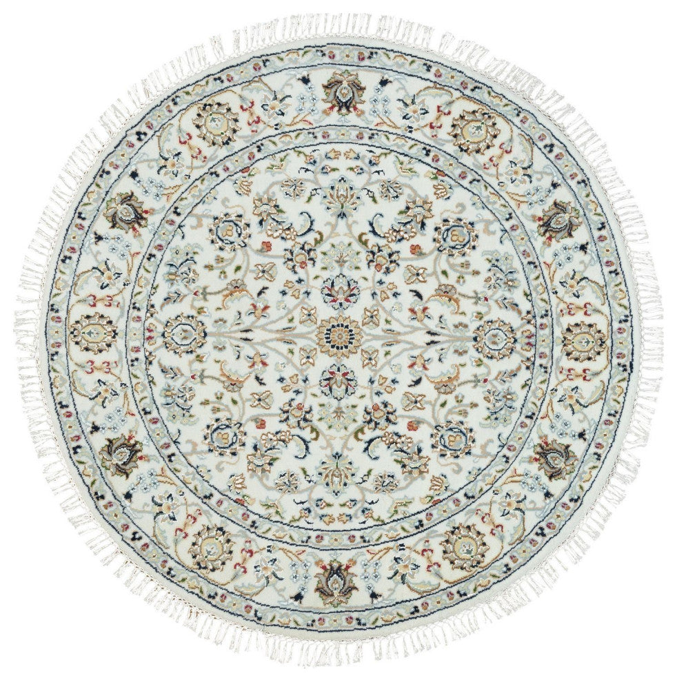 Powder White, Hand Knotted, Nain Design, 250 KPSI Wool Round Rug, 4'1"x4'1"