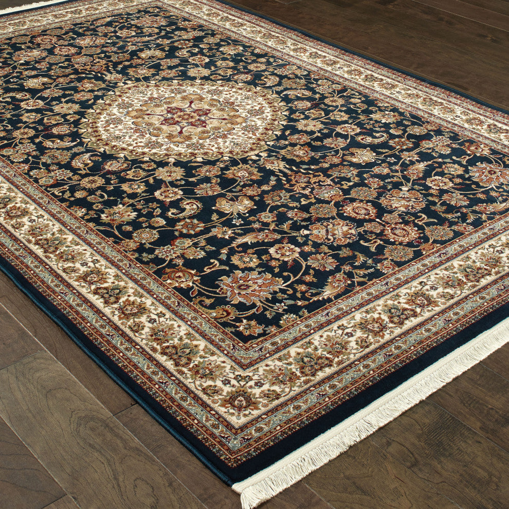 Mackenzie Intricate Medallion Dark Blue/ Ivory Fringed Area Rug, 6'7"X9'6"