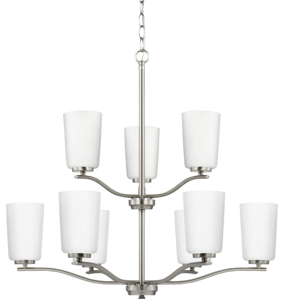 Adley Collection Nine-Light Brushed Nickel Etched White Opal Glass Chandelier