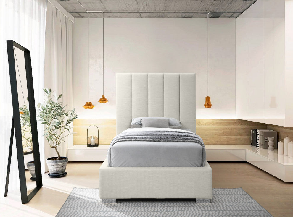 Pierce Linen Textured Fabric Upholstered Bed, Beige, Twin