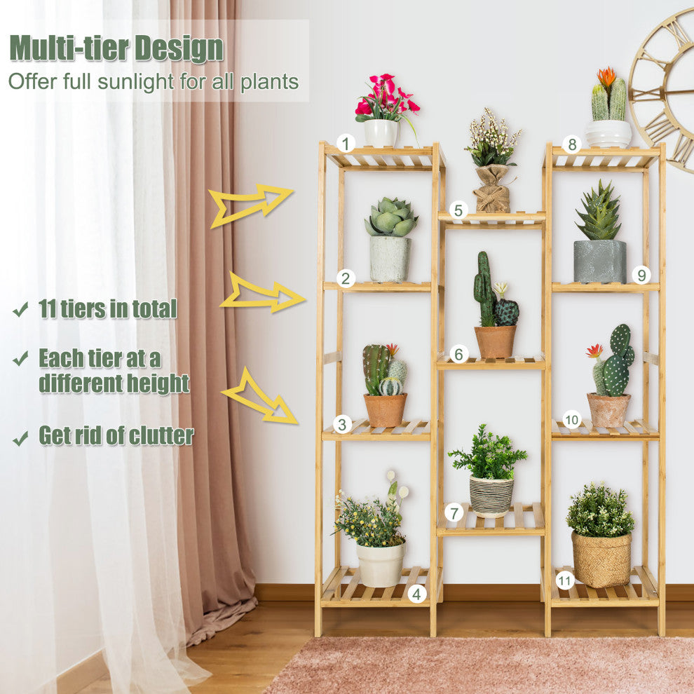 Costway Bamboo 11-Tier Plant Stand Utility Shelf Free Standing Pot Holder