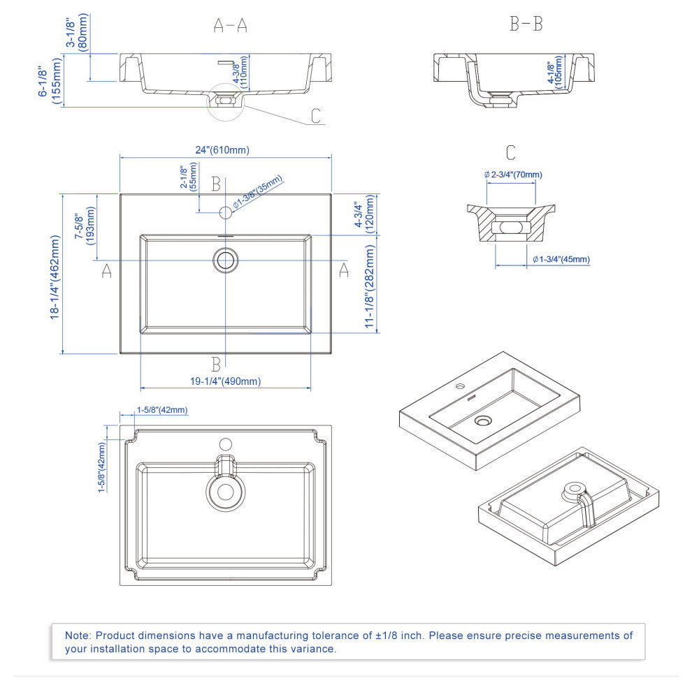 Dowell 18" FTB Resin Bathroom Vanity Basin, Black, 24wx18dx6h