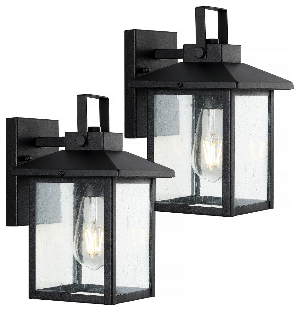 Bungalow 6.75" 1-Light Iron/Seeded Glass RusticOutdoor Lantern, Black, Set of 2