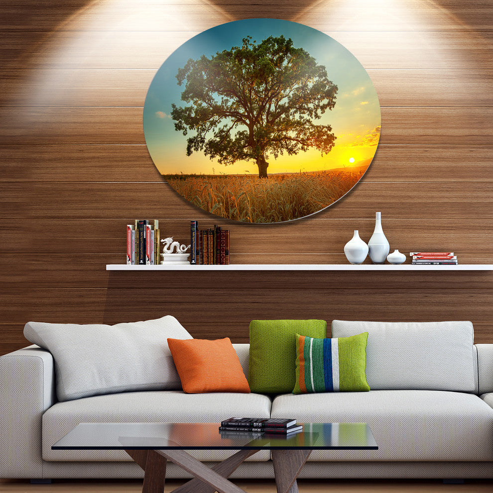 Big Green Tree In Summer Field, Modern Trees Round Metal Wall Art, 11"