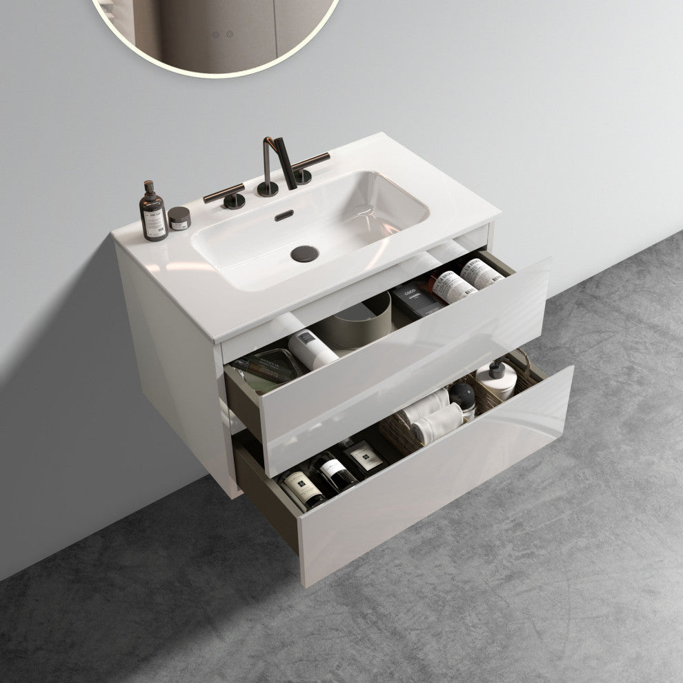 Wall-Mounted Bathroom Vanity Set with Ceramic Sink, White, 30"