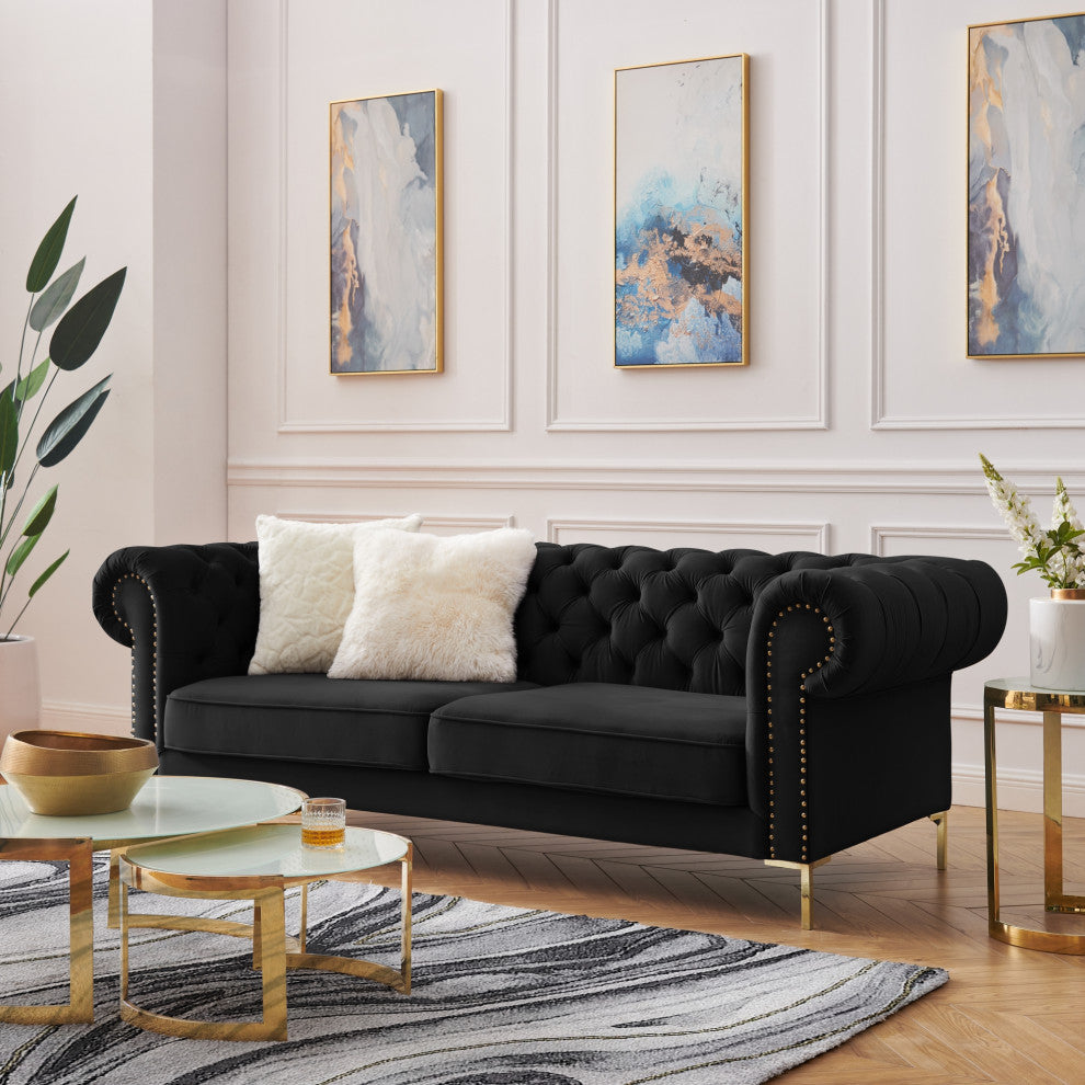 Inspired Home Ariadna Sofa Button Tufted, Black Velvet