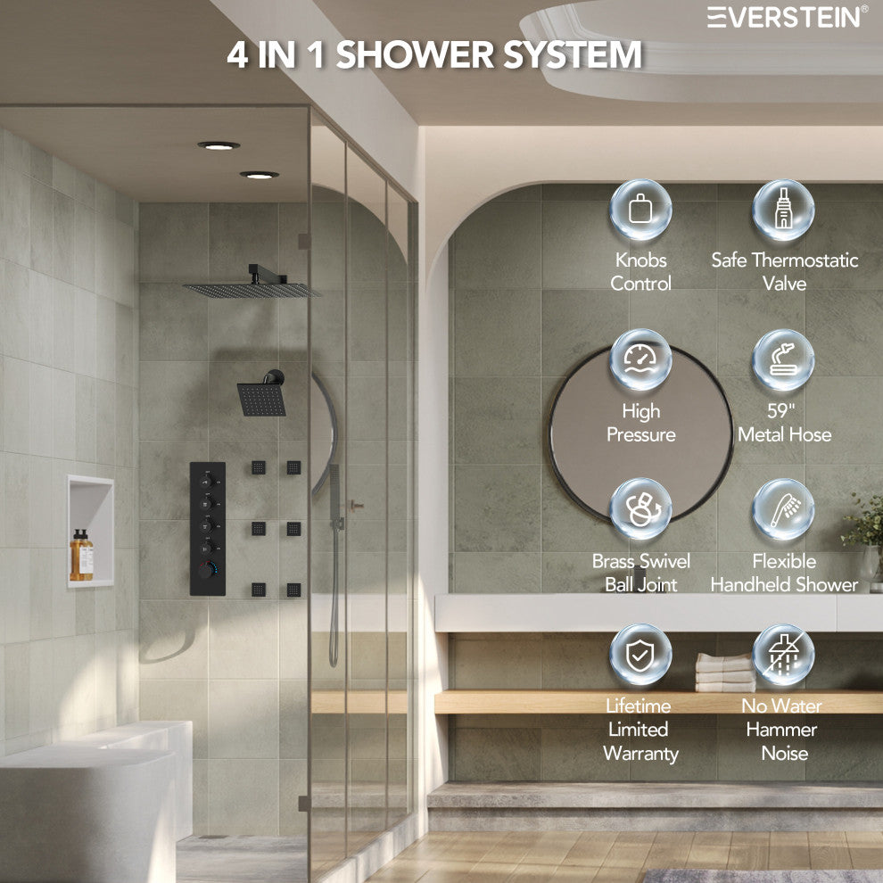 Dual Heads 16" Thermostatic Shower System With Hand Shower, Matte Black