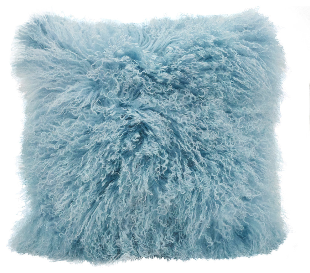 Mongolian Lamb Fur Poly Filled Throw Pillow, Ice Blue, 20"x20"