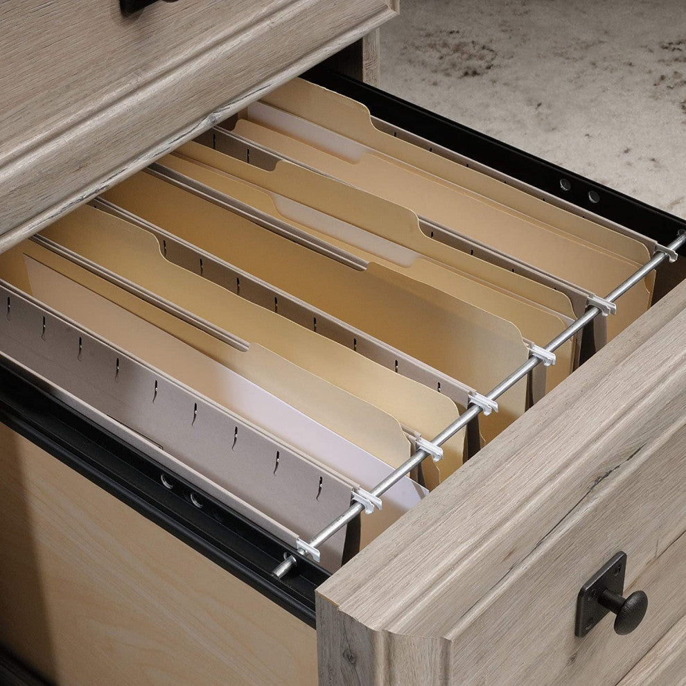 L-Shaped Desk, File Drawer & Single Door Cabinet With Raised Accents, Split Oak