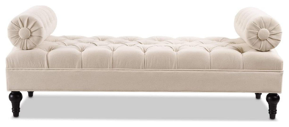 Contemporary Bench, Button Tufted Seat and 2 Fixed Bolster Pillows, Sky Neutral