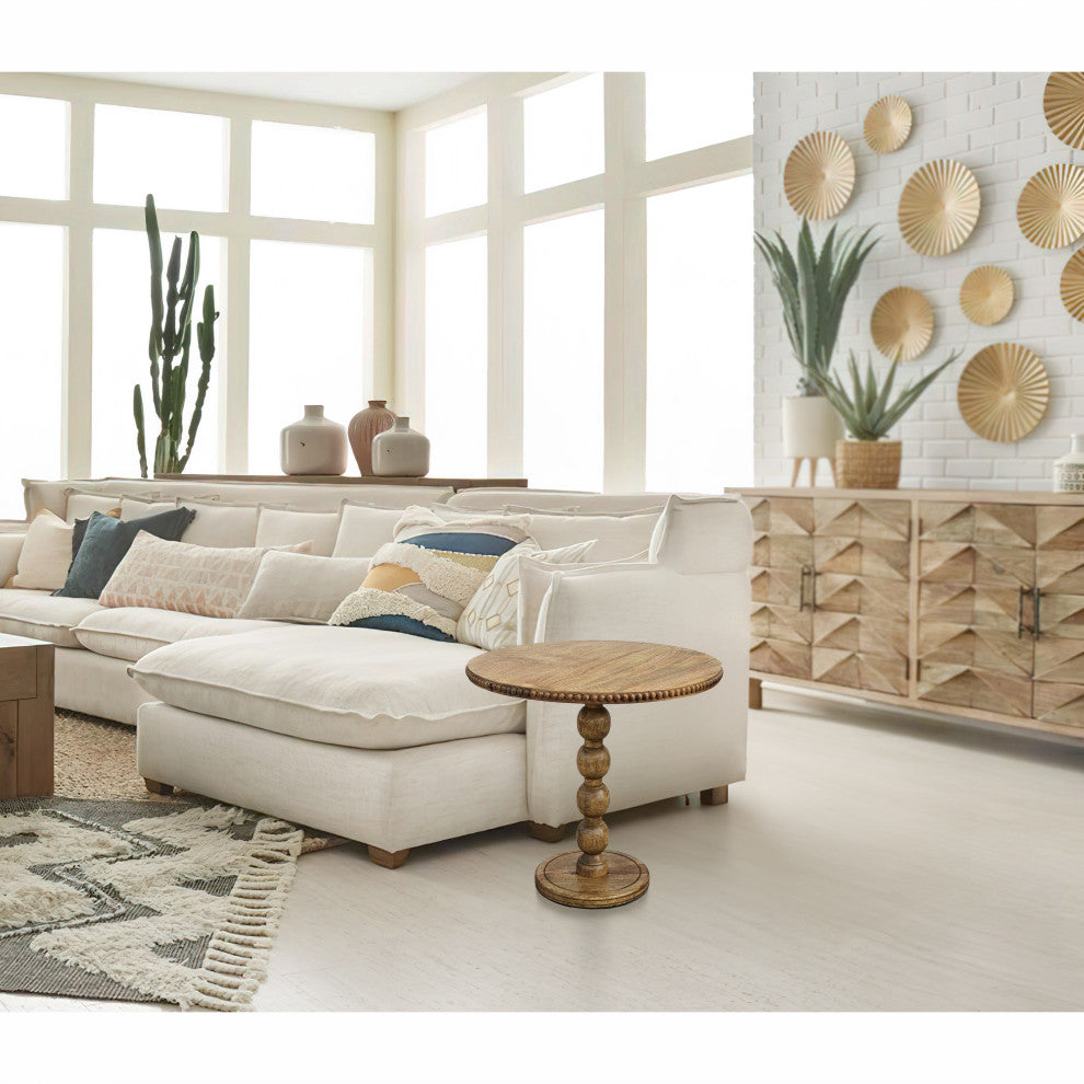 21" Side End Table Round Top Stacked Ball Post Natural Brown Mango Wood