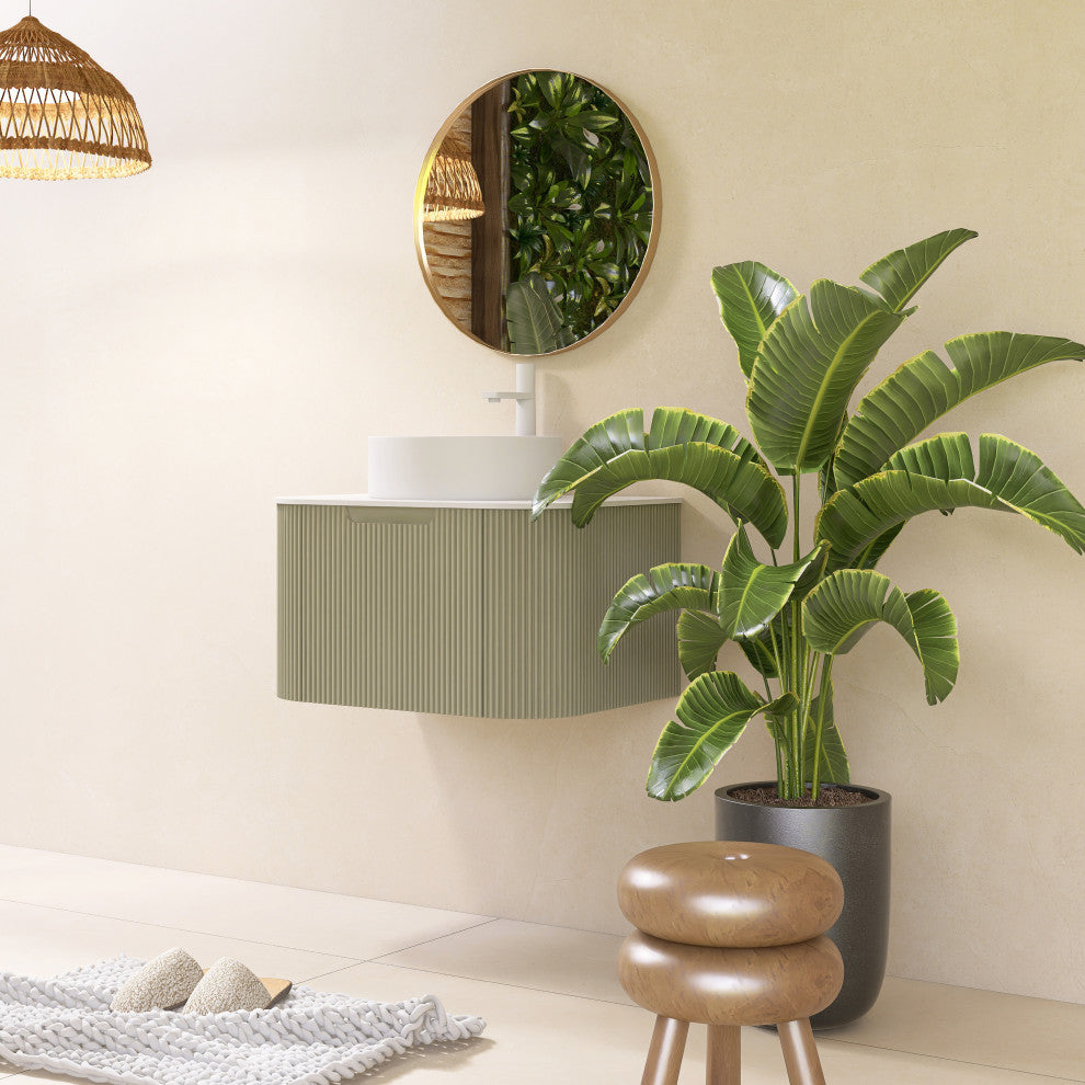 Wall-Mounted Bathroom Vanity With White Round Ceramic Basin, Light Green, 24"