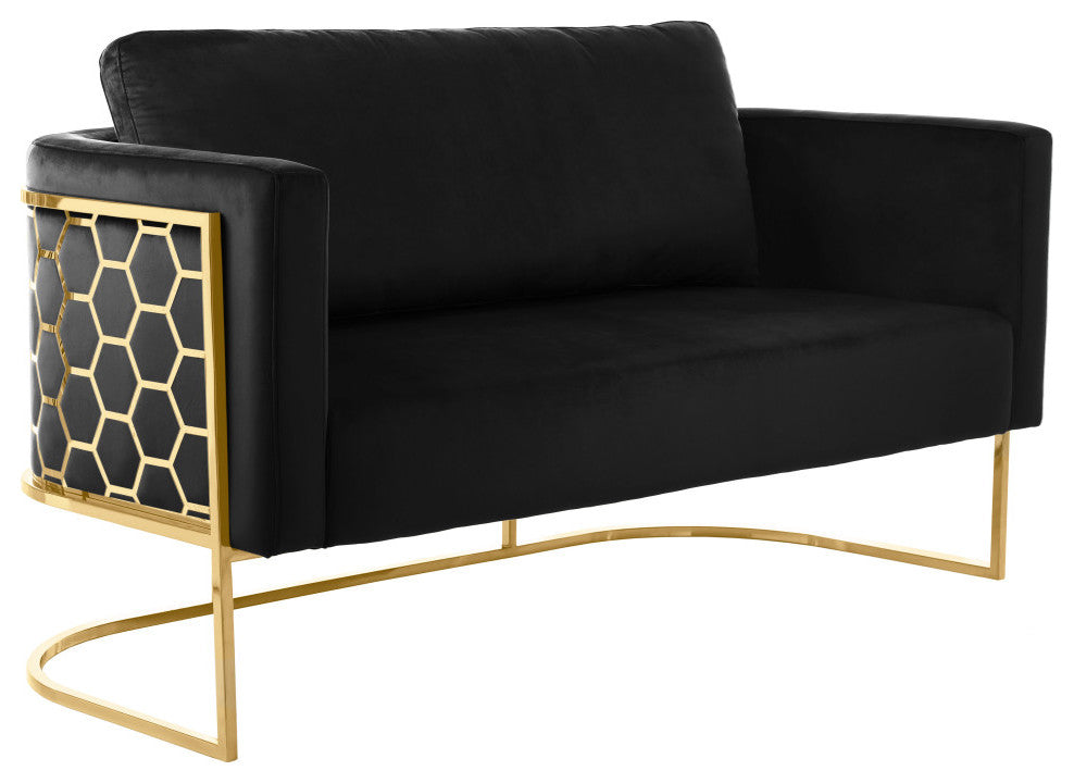 Casa Velvet Upholstered Loveseat, Black, Gold Finish