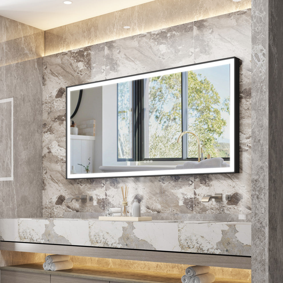 Framed LED Mirror, Dimmer, Defogger, Color Temperature, Matte Black, 72"x36"