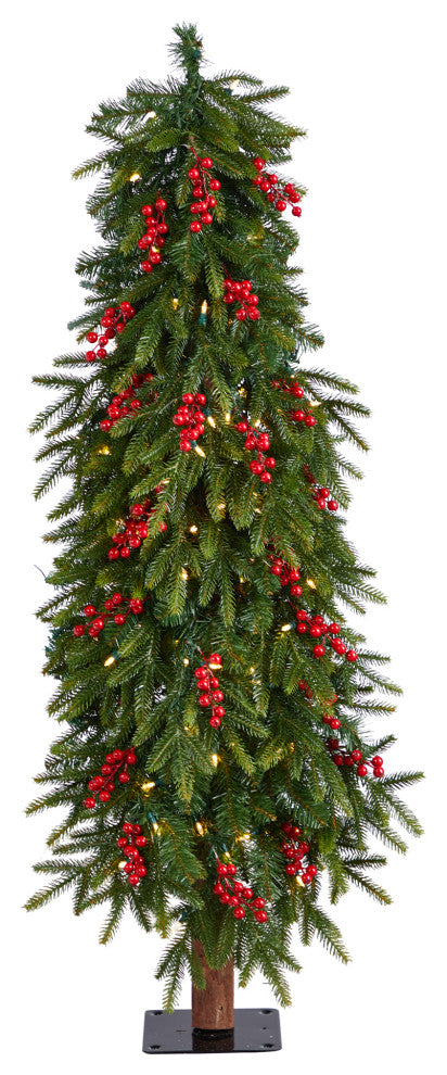 4' Victoria Fir Faux Xmas Tree W/ Lights, Berries & Bendable Branches