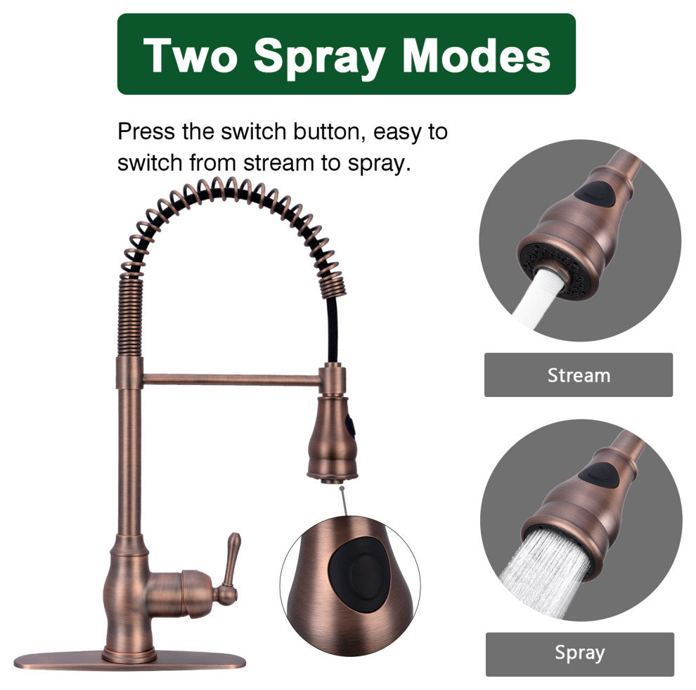 Copper Pre-Rinse Spring Kitchen Faucet with Pull Down Sprayer, American Bronze