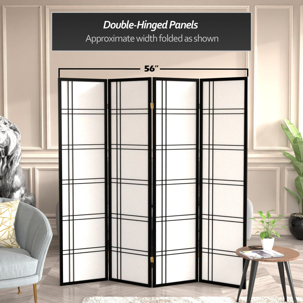 6' Tall Double Cross Shoji Screen, Black, 4 Panels