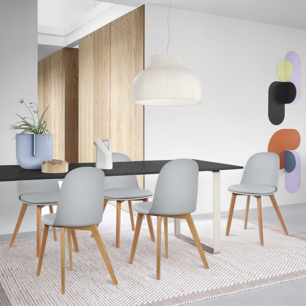 Set of 4 Plastic Chairs With Round Back Faux Leather Padded Seat Wooden Legs, Gray