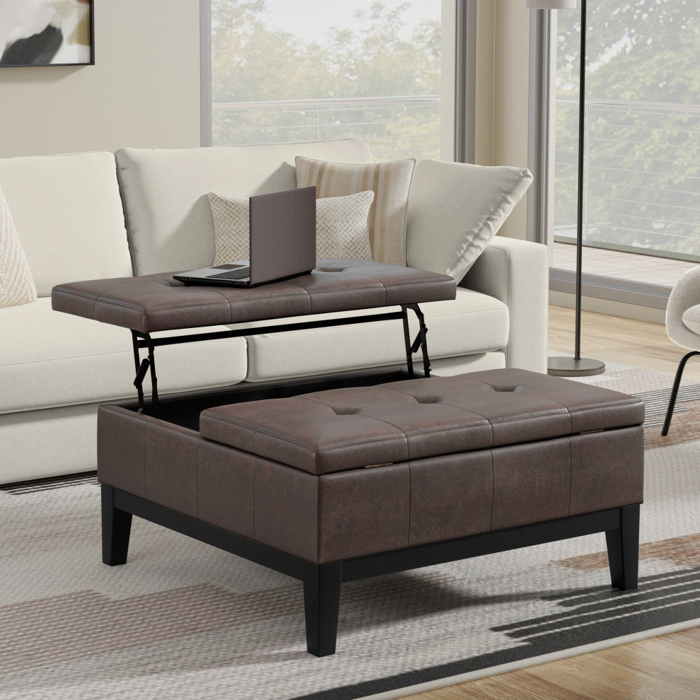 Dover Lift Top Coffee Table Storage Ottoman, Distressed Brown