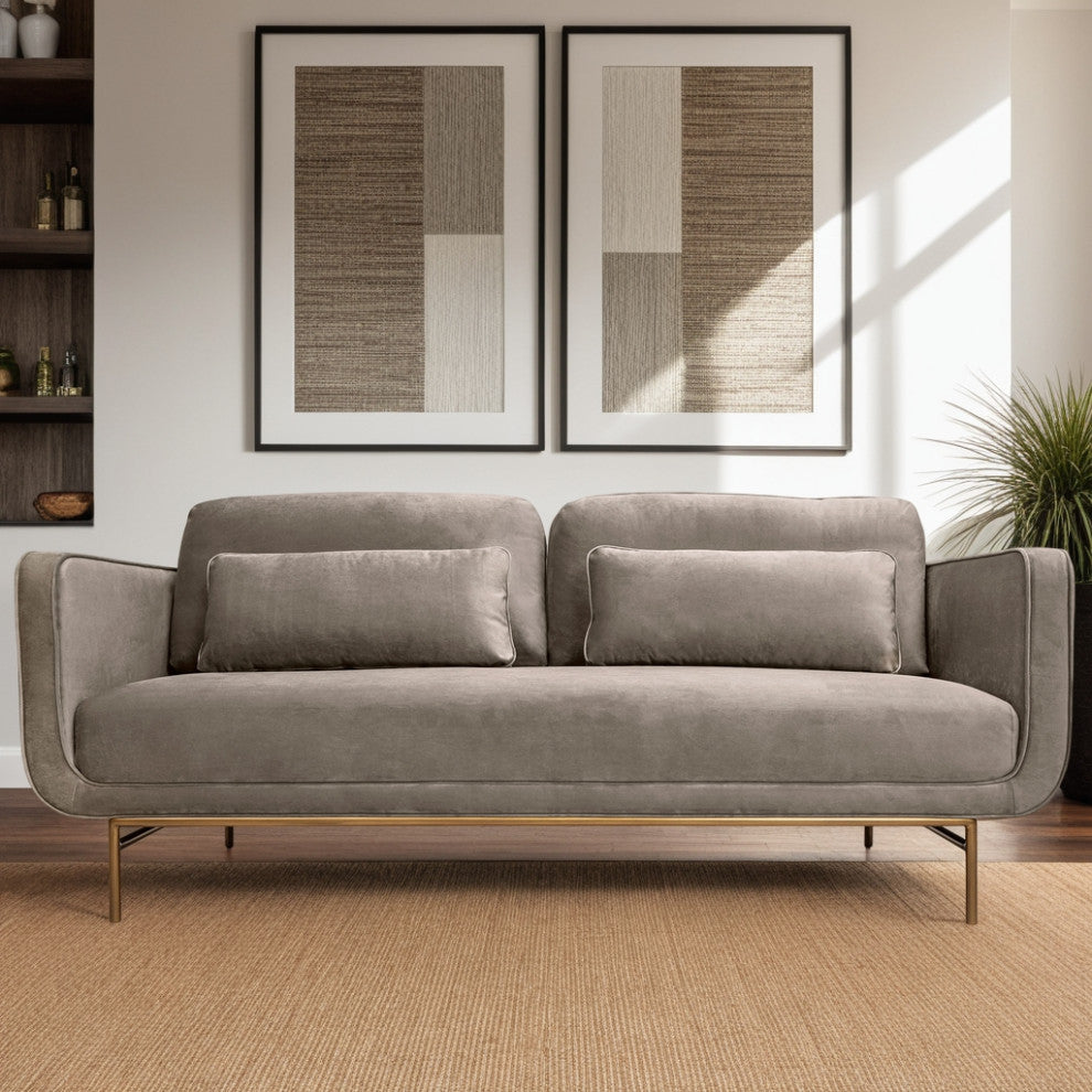 Lilou 77" Fossil Gray Velvet Sofa with Antique Brass Metal Legs