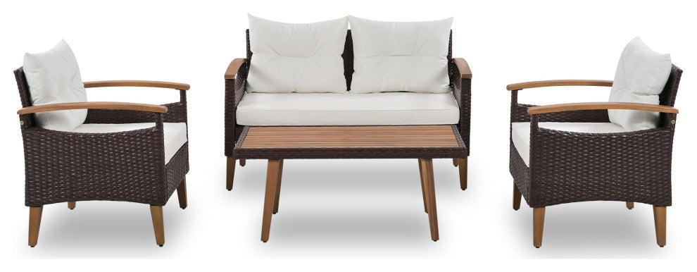 4-Piece Outdoor Wicker Patio Sofa Set with Wood Table and Removable Cushions, Beige