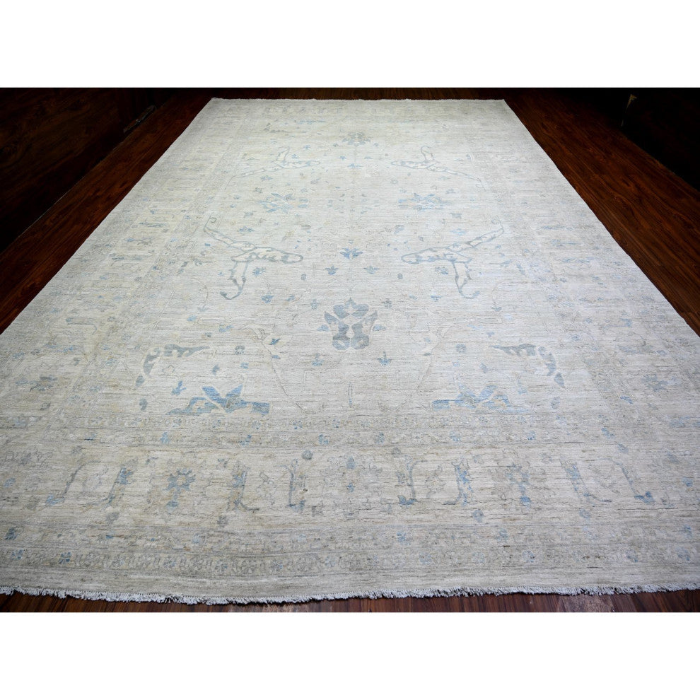 Ash Gray, Stone Washed Peshawar Wool Hand Knotted Oriental Rug, 11'6"x17'4"