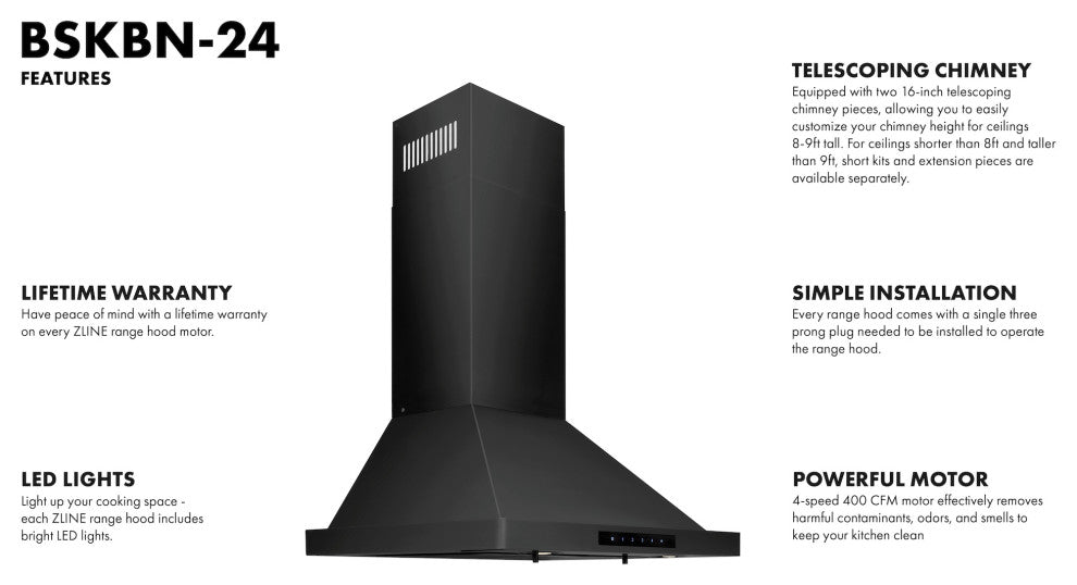 ZLINE 24" Convertible Vent Wall Range Hood in Black Stainless Steel