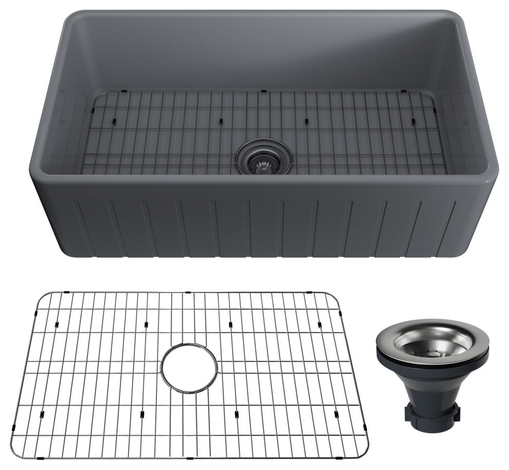 33in Single Bowl Fireclay Farmhouse Apron Kitchen Sink with Grid and Drainer, Matte Gray