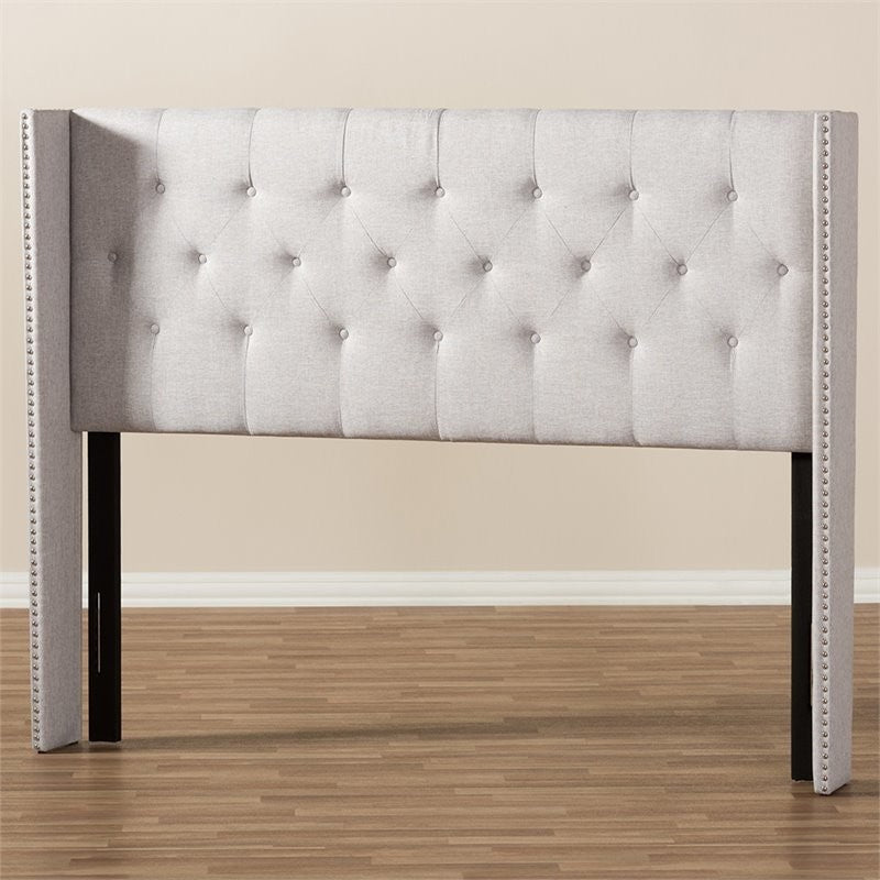 Ally Grayish Beige Fabric Button-Tufted Nail head King Size Winged Headboard