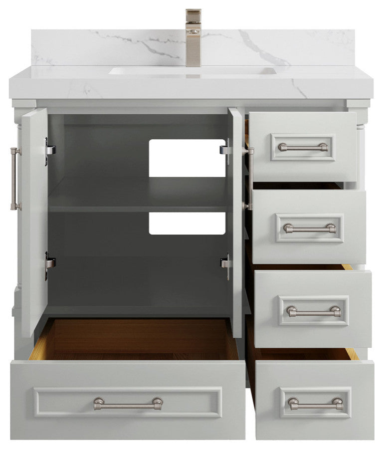 Aberdeen 36 Center Sink Bath Vanity in Coventry Gray 2" Calacatta Laza