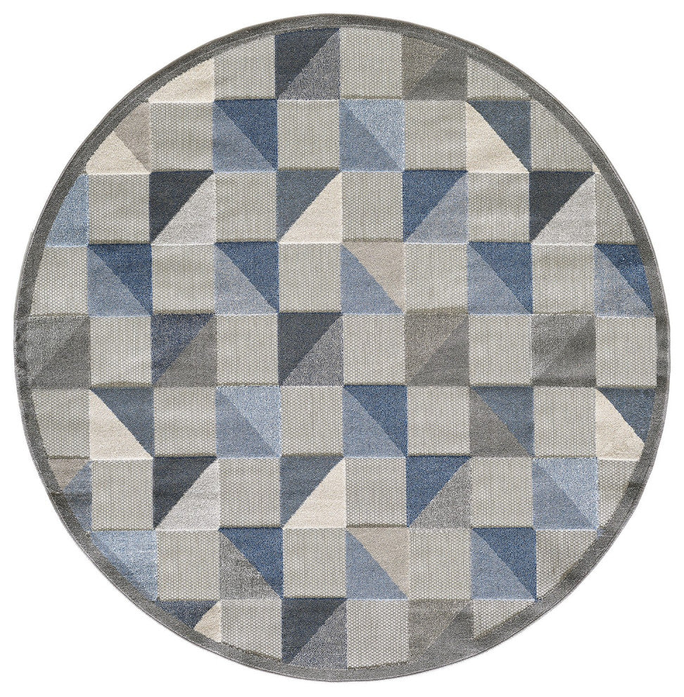 8" Round Blue Gray Triangle Indoor Outdoor Area Rug