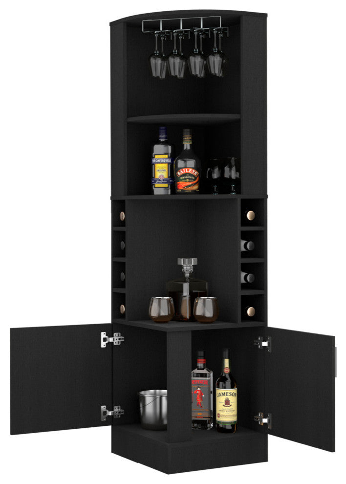 Delhi Corner Bar Cabinet with 8 Wine Cubbies and Glass Rack, Black