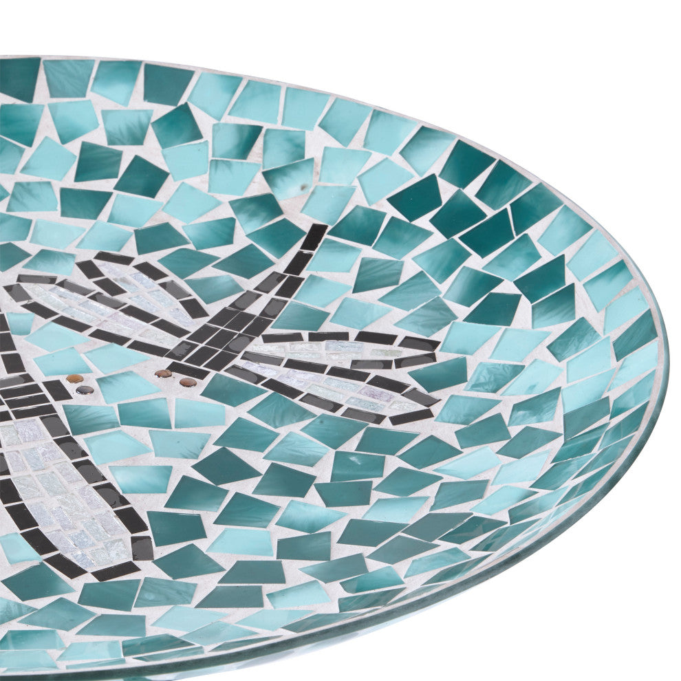 24" Tall Outdoor Mosaic Dragonfly Glass Birdbath Bowl with Metal Stand